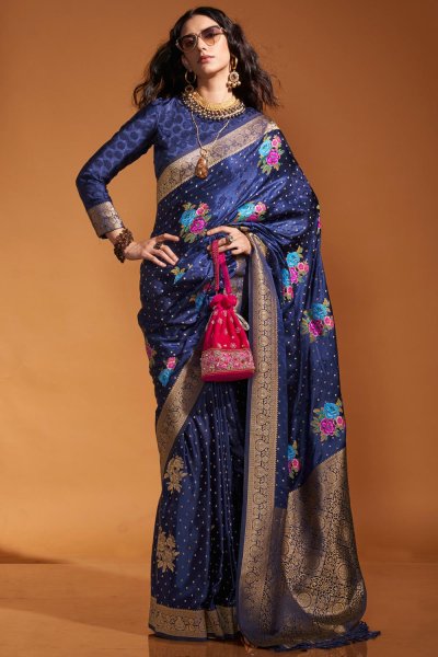 Navy Blue Satin Silk Handloom Zari Weaved Saree