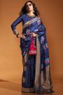 Navy Blue Satin Silk Handloom Zari Weaved Saree