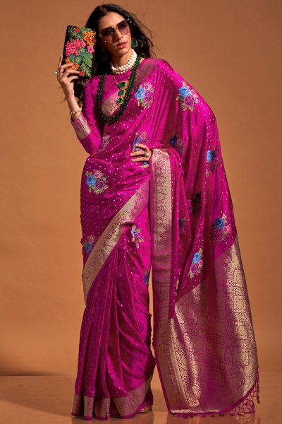 Magenta Satin Silk Handloom Zari Weaved Saree