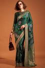 Bottle Green Satin Silk Handloom Zari Weaved Saree