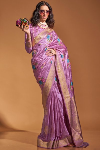 Lilac Satin Silk Handloom Zari Weaved Saree