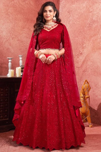 Red Net Embroidered Lehenga Set