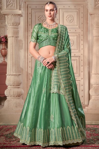 Pastel Green Silk Embroidered Lehenga Set