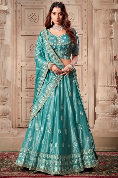 Turquoise Silk Embroidered Lehenga Set