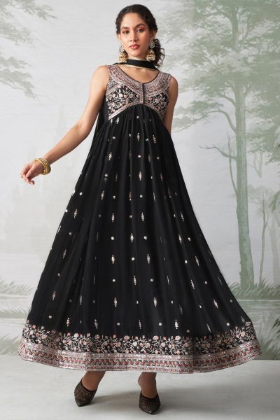 Black Georgette Embroidered Anarkali Set