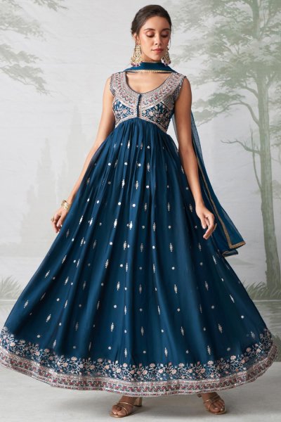 Prussian Blue Georgette Embroidered Anarkali Set