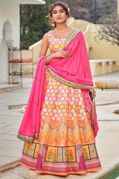 Pink & Mustard Silk Printed & Embroidered Anarkali Dress With Dupatta