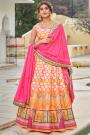 Pink & Mustard Silk Printed & Embroidered Anarkali Dress With Dupatta