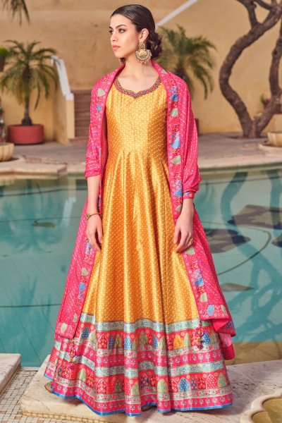 Mustard Silk Printed & Embroidered Anarkali Dress With Dupatta