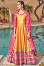 Mustard Silk Printed & Embroidered Anarkali Dress With Dupatta