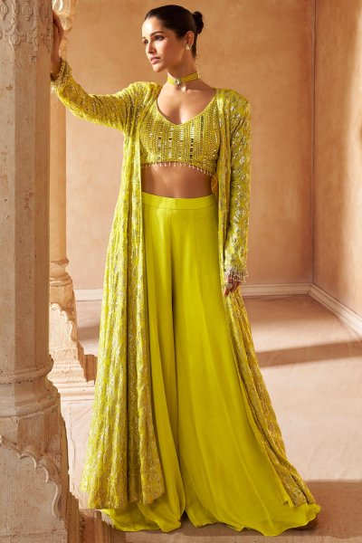 Mustard Green  Indowestern Embroidered Georgette 3 Piece Set