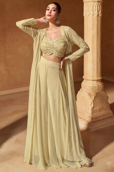 Stunning Ivory Indowestern Embroidered Georgette 3 Piece Set