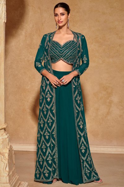 Teal Indowestern Embroidered Georgette 3 Piece Set