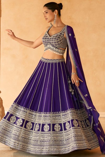 Purple Georgette Embroidered Lehenga Set