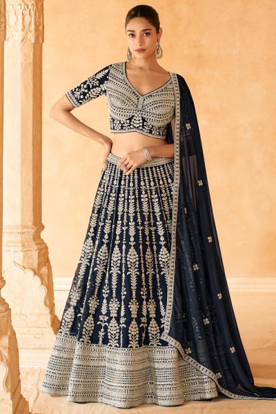 Deep Navy Georgette Embroidered Lehenga Set