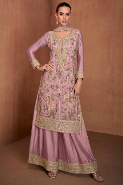 Purple Pink Chinon Silk Embroidered Sharara Kurta Set