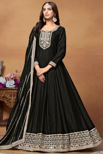 Black Silk Embroidered Anarkali Suit