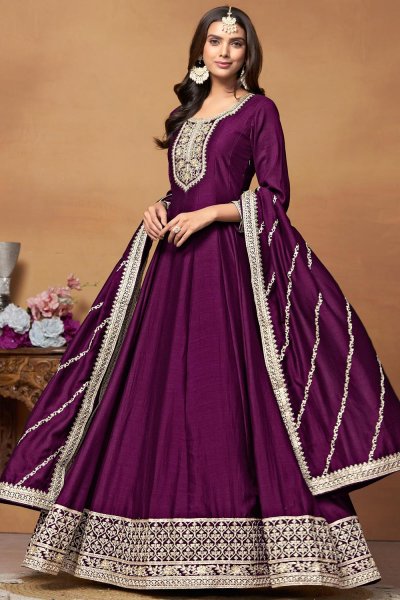 Plum Silk Embroidered Anarkali Suit