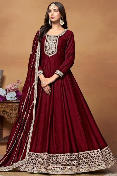 Maroon Silk Embroidered Anarkali Suit