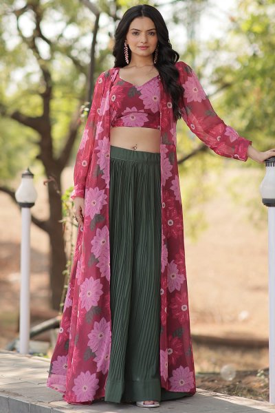 Dark Green Georgette Indowestern Printed Top & Pleated Skirt With Jacket Set