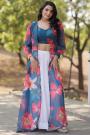 White & Blue Georgette Indowestern Printed Top & Pleated Skirt With Jacket Set