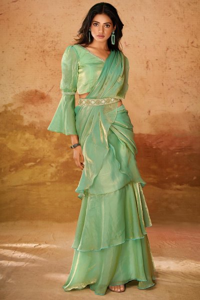 Pre-Draped Green Organza Silk Handworked Saree With Belt