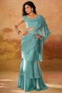 Pre-Draped Aqua Blue Organza Silk Handworked Saree With Belt