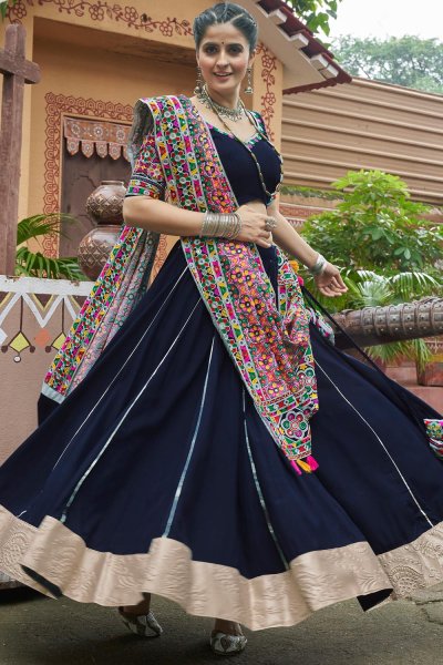 Navy Blue Rayon Embroidered Lehenga Set For Navratri With Reflective Real Mirror Work