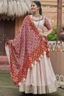 Soft Beige Rayon Embroidered Lehenga Set For Navratri With Reflective Real Mirror Work