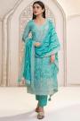 Turquoise Printed & Embroidered Organza Silk Kurta Set