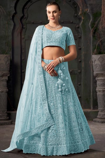 Sky Blue Net Embroidered Lehenga Set