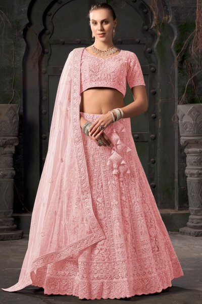 Peach Net Embroidered Lehenga Set