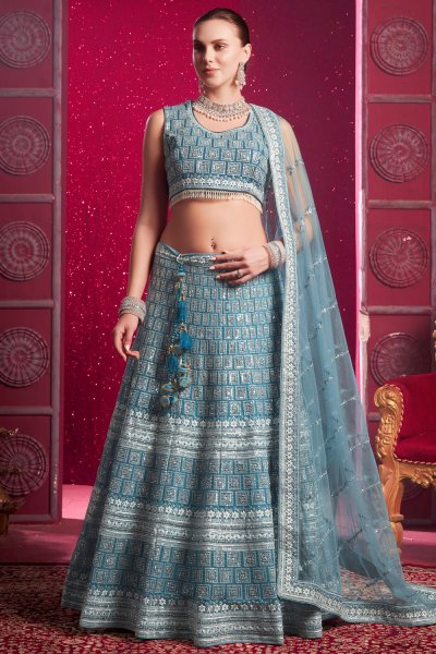 Light Blue Net Embroidered Kalidar Lehenga Set