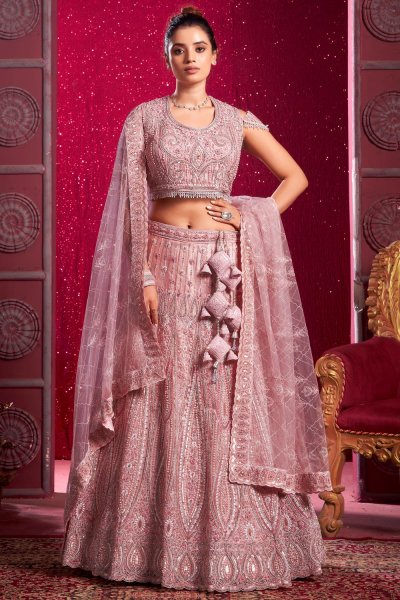 Soft Pink Net Embroidered Kalidar Lehenga Set