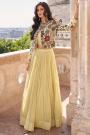 Pale Yellow Silk Embroidered Top & Skirt Set With Jacket