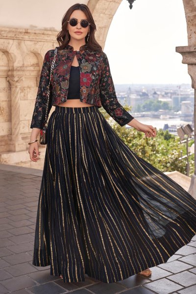 Black Silk Embroidered Top & Skirt Set With Jacket