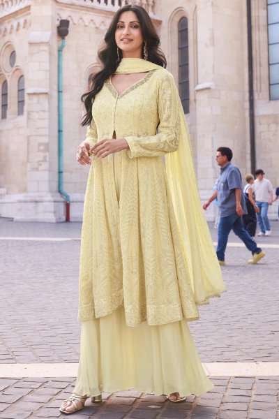 Light Yellow Georgette Embroidered Short Style Anarkali With Palazzo & Dupatta