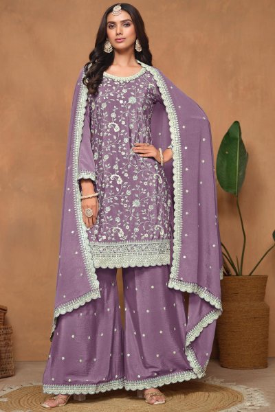 Lilac Embroidered Chinon Silk Kurta Set