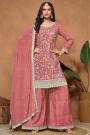 Coral Peach Embroidered Chinon Silk Kurta Set