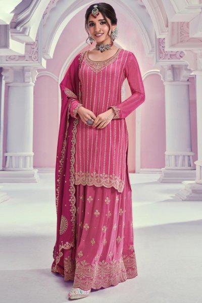 Pink Chinon Silk Embroidered Sharara Kurta Set