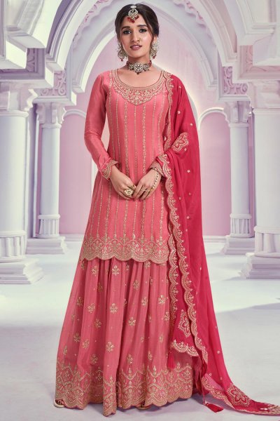 Coral Chinon Silk Embroidered Sharara Kurta Set