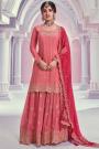 Coral Chinon Silk Embroidered Sharara Kurta Set