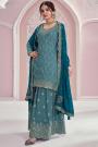 Prussian Blue Chinon Silk Embroidered Sharara Kurta Set