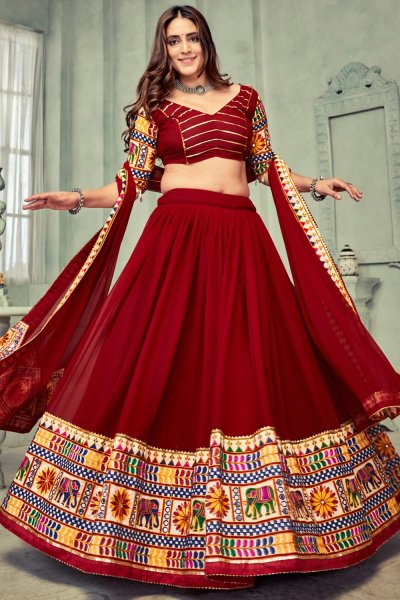 Maroon Georgette Embroidered Navratri Lehenga Set