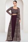 Wine Georgette Embroidered 3 Piece Indowestern Attire