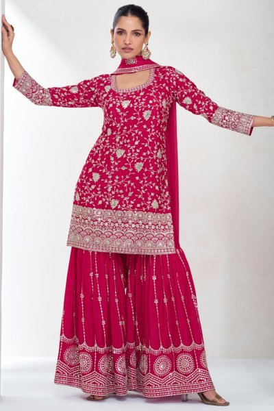 Pink Embroidered Chinon Silk Sharara Kurta Set