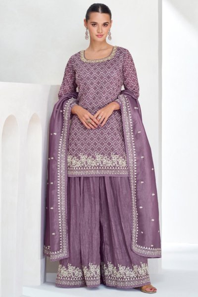 Lilac Embroidered Chinon Silk Sharara Kurta Set