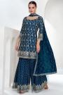 Prussian Blue Embroidered Chinon Silk Sharara Kurta Set