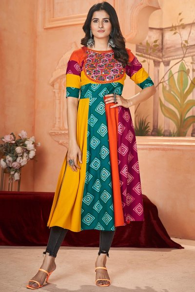 Multicolor Rayon Embroidered & Printed Kurti