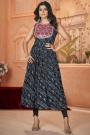 Deep Navy Rayon Embroidered & Printed Kurti